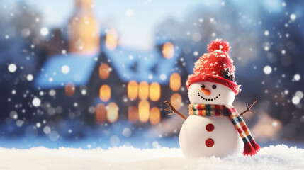 Fototapeta premium Winter background with houses lights snowfall and snowman