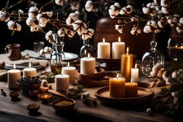Write a poem that evokes the sensory delights of the cotton flowers and aroma candles on the stylish table