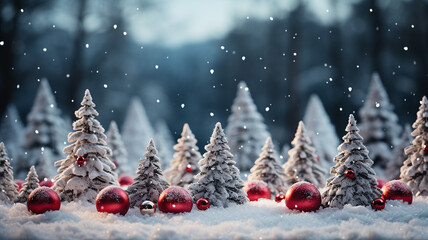 Christmas background with red baubles and fir trees in the snow - obrazy, fototapety, plakaty