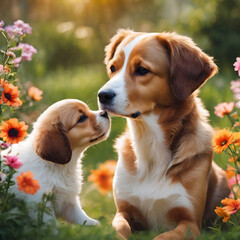 Mother dog kissing her cute puppy with the love in the Garden with flowers beside