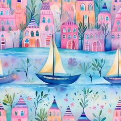 blue watercolor sea house background with boats