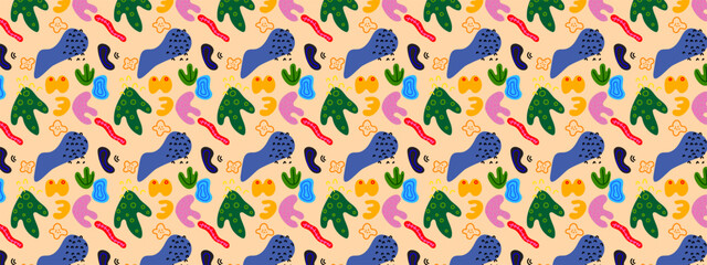 Abstract plant leaf, floral art seamless pattern with colorful freehand doodle collage background.