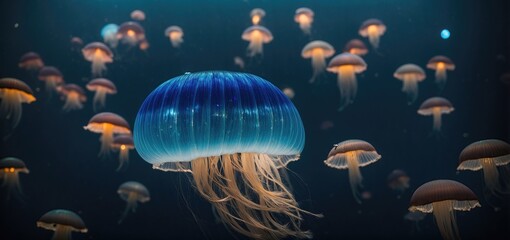 jelly fish in the aquarium.The iridescent glow of a moon jellyfish in a sea of deep, mysterious blue