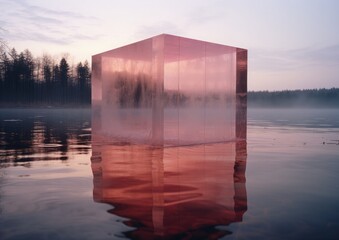 Un cuadrado gigante y transparente en mitad de un lago con niebla densa