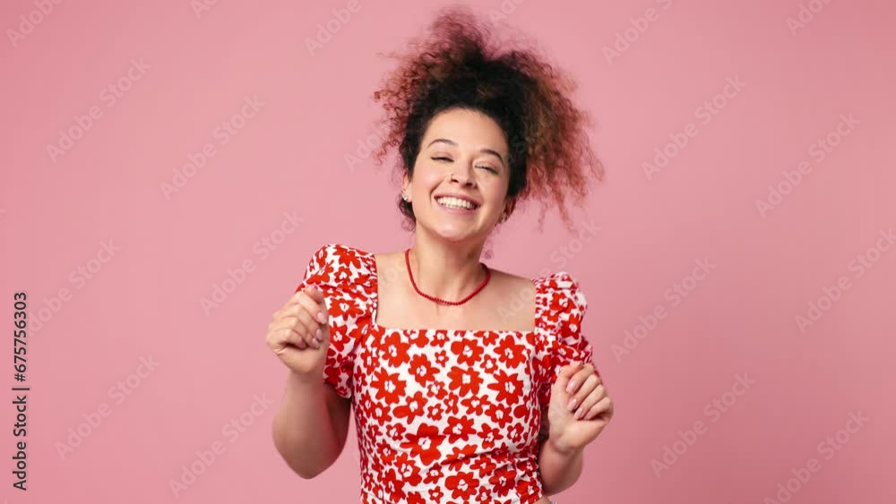 Poster young cool latin woman wear red casual clothes dance waving expressive gesticulating hands fool arou