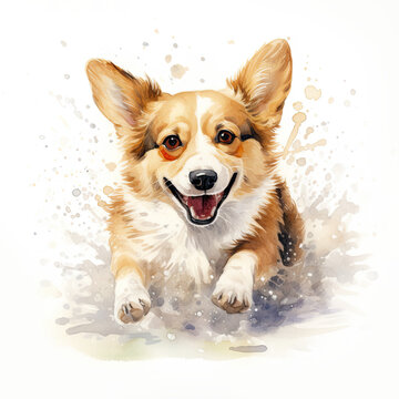 Beautiful Welsh Corgi dog running through a puddle. Watercolour painting isolated on white background.