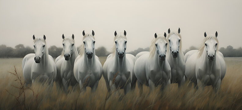 
White Horses Running Over A Dirt Field In A Sunny Day Background Group of horses running gallop in the desert. AI Generative 