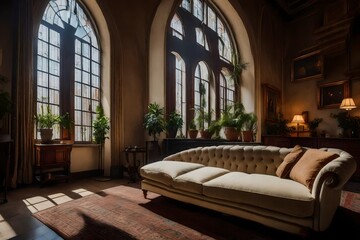 Imagine a day in the life of someone who spends their mornings reading by the arched window on the beige sofa