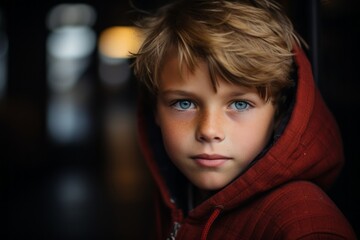 Portrait of a boy with blue eyes in a red coat.
