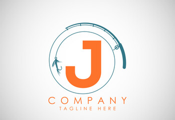 Initial alphabet J with fishing rod and hook. Fishing logo concept vector illustration.