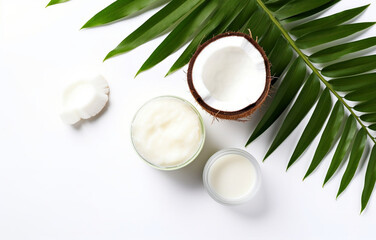 Fototapeta na wymiar coconuts and coconut oil with tropical leaves onwhite bathroom background
