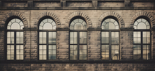 Large windows on the side of a white bricked building  gleied big Multiple rustic facades daytime...