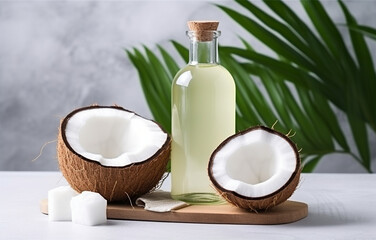 Obraz na płótnie Canvas coconuts and coconut oil with tropical leaves onwhite bathroom background