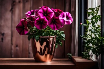 Fototapeta na wymiar tistic shot of a single petunia in a rose gold metal vase, placed near a window, minimalist design, wooden surface background,