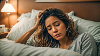 A woman suffering from insomnia taking drugs to sleep. Show those feelings with your face. Very tiring. medical concept - obrazy, fototapety, plakaty