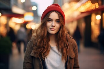 Portrait of a beautiful young woman in a red hat standing on the street.