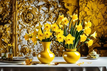 Artistic shot of daffodil in a yellow ceramic vase, placed on a dining table, minimalist design, surreal Salvador Dali melting clocks with distorted landscape background,