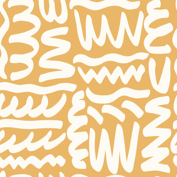 Naive boho playful squiggle seamless pattern on mustard. Abstract doodle pattern for kids of natural tones. Messy graffiti wallpaper print. Doodle Aesthetic line art contemporary backgrounds.