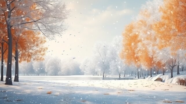 Beautiful winter landscape with in the park. Falling leaves natural background.