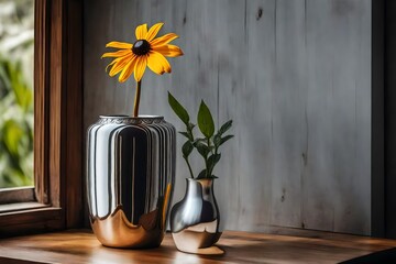 Artistic shot of a single black-eyed Susan in a silver metal vase, placed near a window, minimalist design, wooden surface background