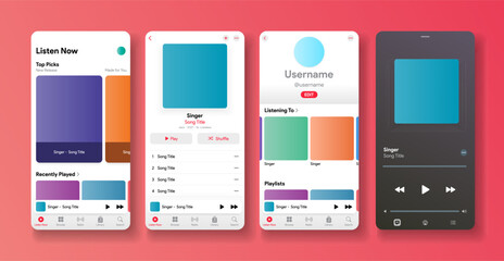 Apple music app interface. Podcast social media. Musical player application. Playback button. Artist profile. iTunes playlist. Audio streaming service mockup. Vector illustration.