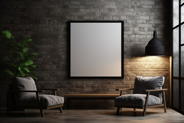 Modern living room interior with dark walls Concrete floor and poster frame mockup
