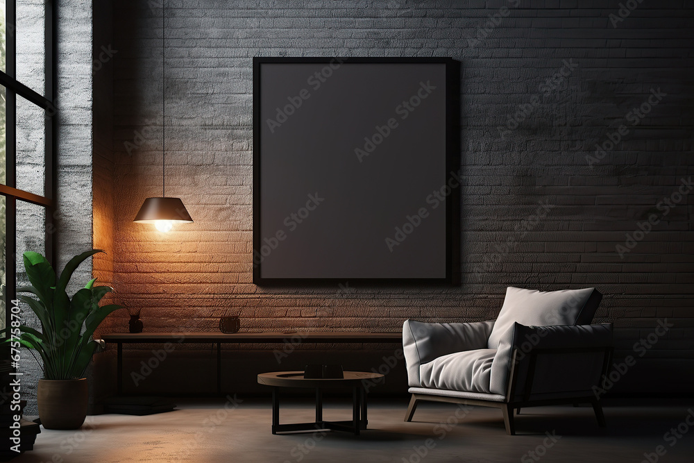 Wall mural modern living room interior with dark walls concrete floor and poster frame mockup