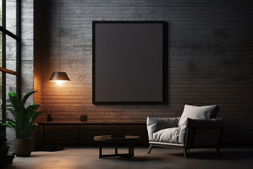 Modern living room interior with dark walls Concrete floor and poster frame mockup - Powered by Adobe