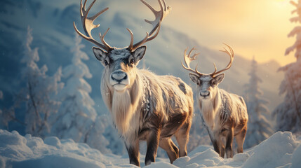 Realistic christmas background with reindeers