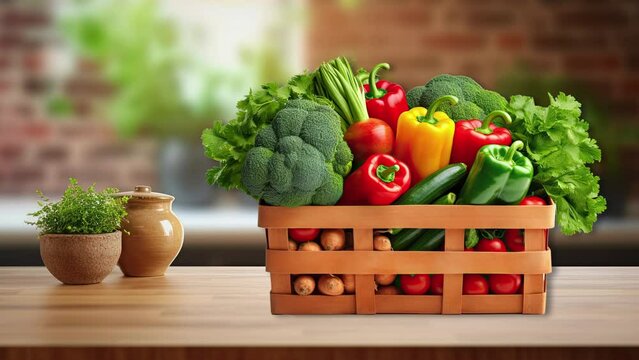 fresh vegetables in basket in the kitchen, Animation, motion loop, video footage, motion graphic.	
