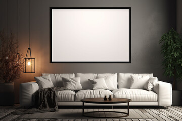 Modern living room interior with dark walls Concrete floor and poster frame mockup