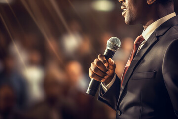 a compelling visual representation of a political leader close-up giving an inspiring and unifying speech to a diverse audience, capturing the essence of leadership