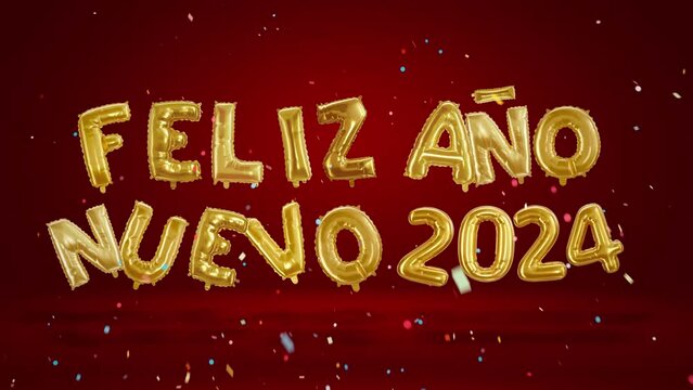 Feliz ano nuevo 2024. Happy New Year 2024. Floating helium balloons on red background. Spanish greeting. Popping golden foil numbers with multicoloured confetti. Horizontal orientation.