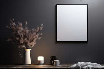 Modern living room interior with dark walls Concrete floor and poster frame mockup - Powered by Adobe