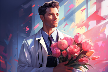 handsome doctor man with flower bouquet. congratulations for a woman. copy space - obrazy, fototapety, plakaty