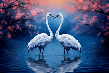 peaceful river scene with two majestic cranes in shallow water