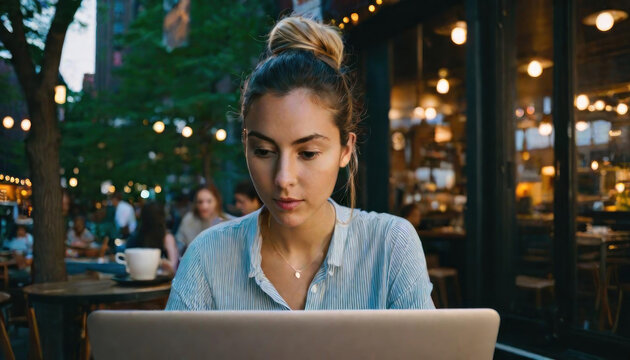 Young woman working with laptop outdoors with copy space
