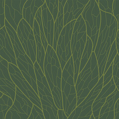 Organic pattern with wavy petals lines on green background. The sinewy structure of the petal. Trendy leaf abstract geometric seamless texture. Vector