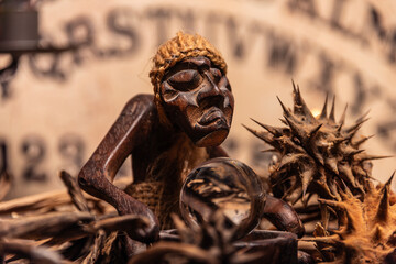 Magic still life with burning candelabrum, evil candles. Black magic ritual with occult, evil and...