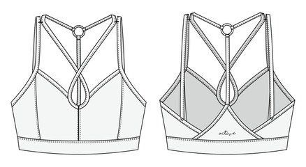 Sports bra, fitted crop top vest, Fashion Flat Sketch Vector Illustration, CAD, Technical Drawing, Flat Drawing, Template, Mockup. - obrazy, fototapety, plakaty