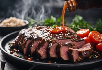 Grilled flank beef steak on a griddle with sauce