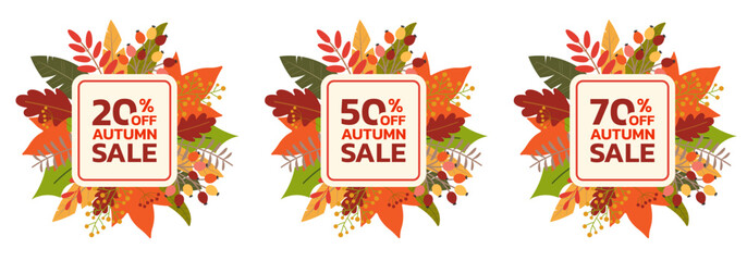 Autumn sale badge or label set. Fall discount leaf banners. 20, 50, 70 percent price off signs with foliage background. Vector illustration. - obrazy, fototapety, plakaty
