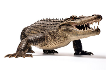 A crocodile full body showing jaws isolate on white background.