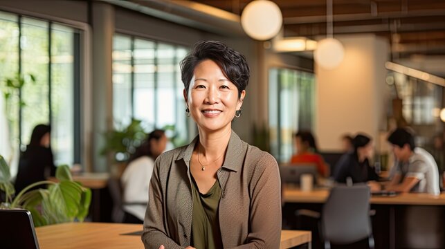 50 year old Asian woman in a coworking