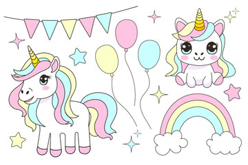 Set with cute unicorns, stars, rainbow, balloons. Vector illustration for postcards, invitations, cloth