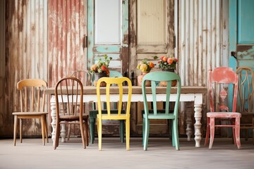 a table with chairs and flowers on it