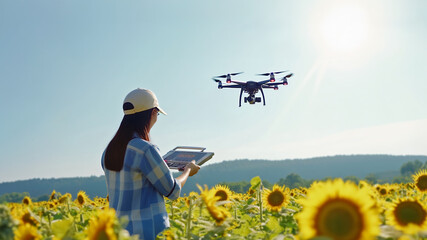 A young woman agronomist stands in a sunflower field, controlling a drone with a tablet. Concept of drone technology in agriculture, improve crop yields, agritech and efficiency farming practices - obrazy, fototapety, plakaty