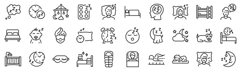 Set of 30 outline icons related to sleep. Linear icon collection. Editable stroke. Vector illustration - 675761995
