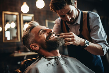 Man cutting hair in barber shop - obrazy, fototapety, plakaty