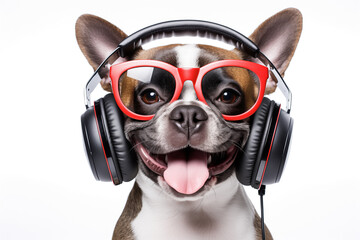Smiling Anthropomorphic Dog with Red Glasses and Headphones